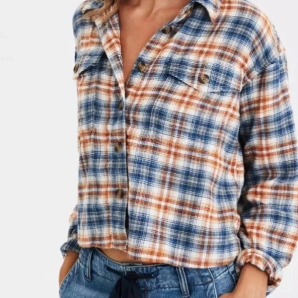 American Eagle Outfitters Tops - American Eagle Outfitters Blue and Orange Plaid Shirt